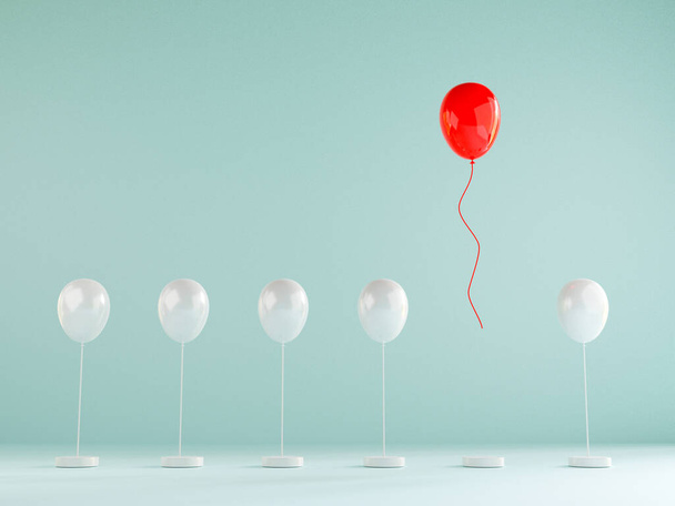 Κόκκινο μπαλόνι επιπλέουν έξω από μπλε μπαλόνια που είναι δεμένα σε μπλε φόντο, επιδόσεις εξαιρετική από το πλήθος για διαφορετική σκέψη, διαταραχή και ηγεσία από 3D απόδοση. - Φωτογραφία, εικόνα