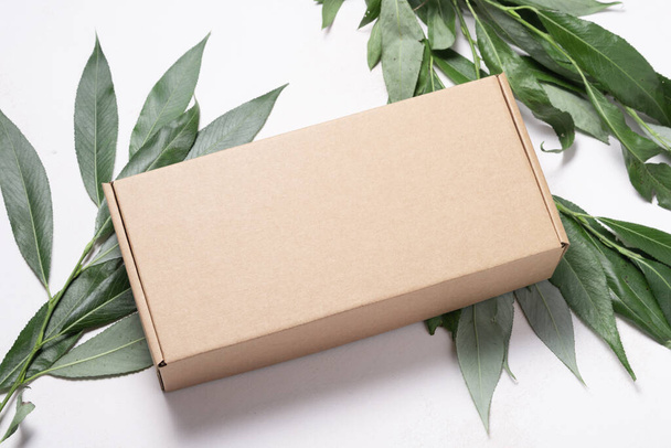 Brown cardboard box with gree leaves  - Fotoğraf, Görsel