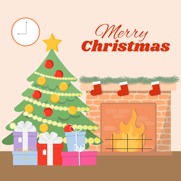 Vector illustration of a decorated Christmas living room with a Christmas tree and a fireplace. - Vector, Image