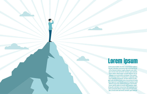 Businessman standing on the top mountain and looking at the success, Employee looking for a way to his goal, Business concept challenge and the goal. Vector illustration flat - Vettoriali, immagini