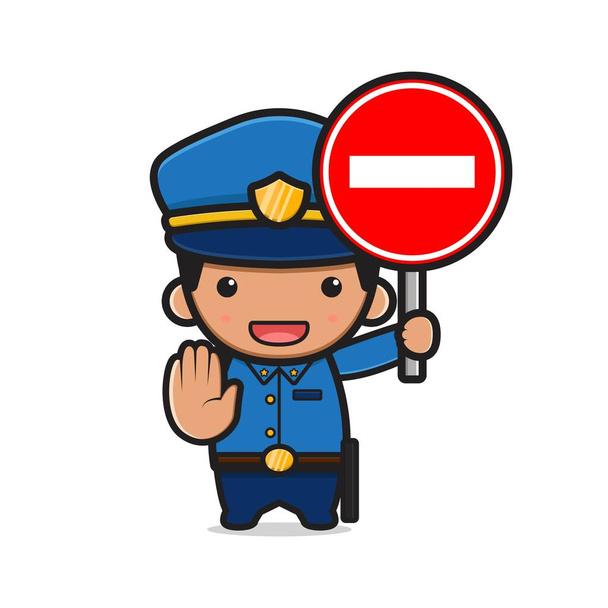 Carino polizia in possesso di stop segno cartone animato icona illustrazione. Design isolato stile fumetto piatto - Vettoriali, immagini