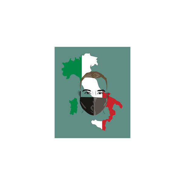 Abbildung des Mannes mit Schutzmaske und italienischer Landkarte und Flaggensymbol Hintergrund. - Vektor, Bild