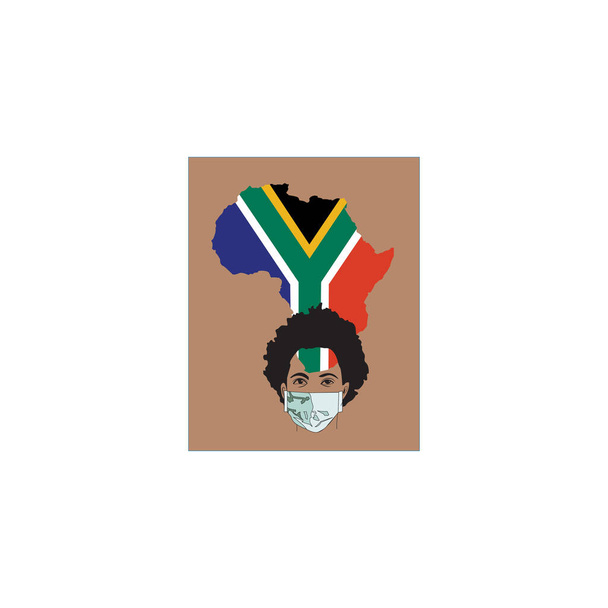 Abbildung einer Frau mit Schutzmaske und südafrikanischem Flaggensymbol Hintergrund. - Vektor, Bild