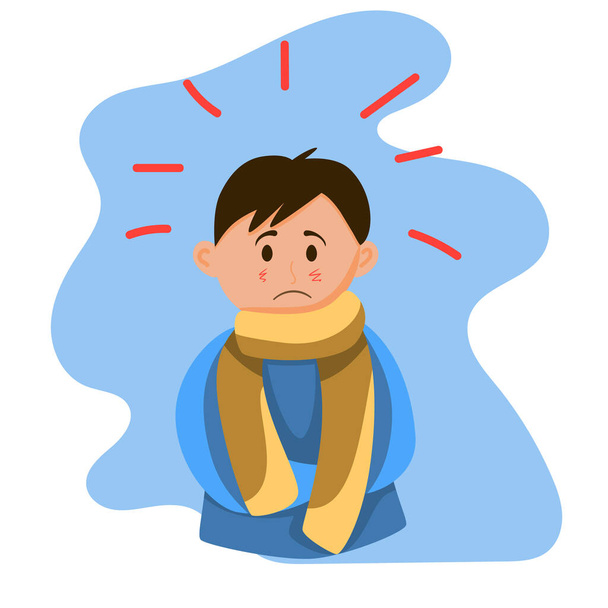 Een zieke jongen met een sjaal, in warme kleren, voelt zich slecht. verkoudheid, coronavirus, griep. De jongen ziet er ongezond uit. - Vector, afbeelding