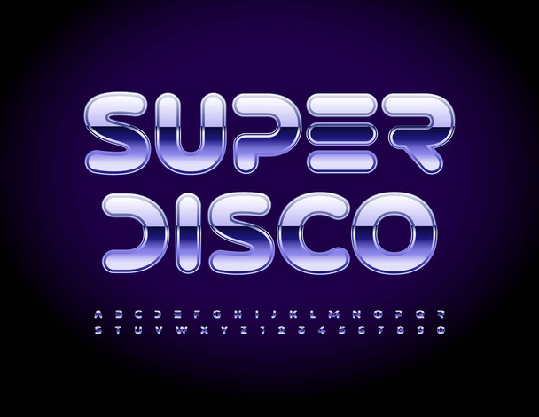 Vector stylish poster Super Disco. Cosmic style Alphabet Letters and Numbers set. Purple glossy Font - Vektör, Görsel