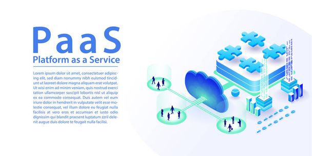 Servis konsepti olarak PaaS platformu. Bulut aracılığıyla son kullanıcılar tarafından satın alınan farklı modüllerin Isometric 3d vektör çizimi - Vektör, Görsel