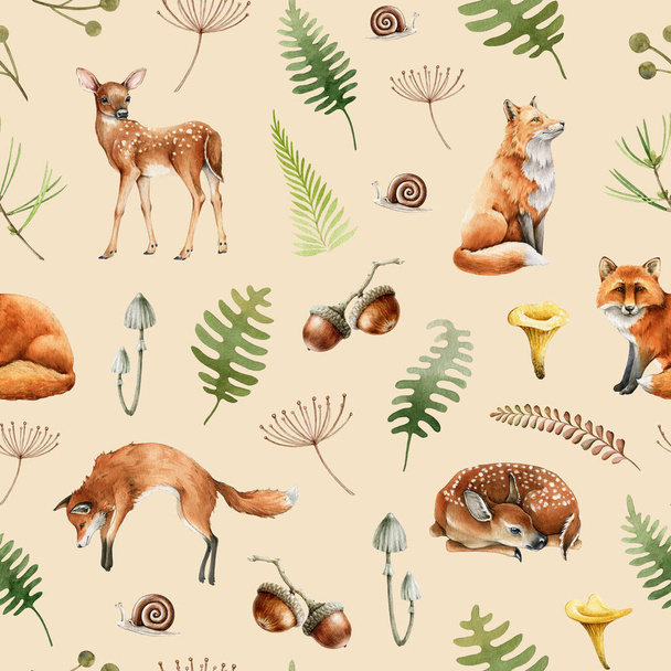 キツネと鹿の動物のシームレスなパターン。水彩画。手描きの野生の森キツネ、鹿の動物、ハーブ、シダ、キノコ。布、紙、テキスタイルプリントのためのシームレスなパターン。パステルクリームの背景 - 写真・画像