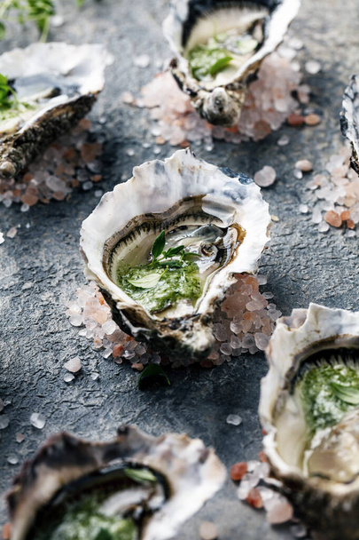 Close-up view of view of fresh open oysters on dark background. Healthy seafood. Dinner in the restaurant.  - Foto, Imagen