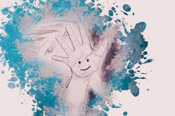 Pintura digital en acuarela de un niño con un brazo extendido. Un niño pequeño con una sonrisa dibujada en su palma abierta. Te doy un concepto positivo. Arte contemporáneo, dibujo. - Foto, Imagen