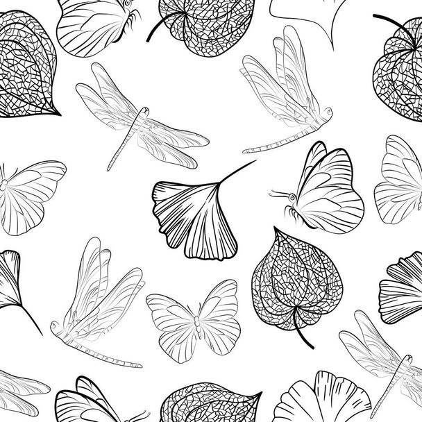 Mano dibujada de la fruta de Physalis del contorno, mariposa, libélula, hoja del ginkgo. Ilustración de patrón sin costura vectorial - Vector, imagen