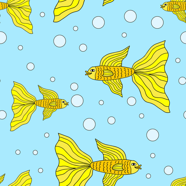 Netter bunter Cartoon-Goldfisch im Doodle-Stil mit nahtlosem Muster. Tropisches Meeresleben. Verpackungspapier für Tiere.  - Vektor, Bild