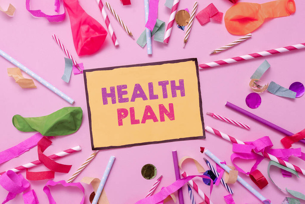 Texte inspirant Health Plan. Type d'idée d'entreprise d'assurance qui couvre les services médicaux à coût élevé Collections de fêtes colorées - Photo, image