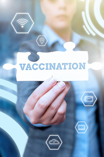 Text showing inspiration Vaccination. Business showcase Treatment which makes the body stronger against infection Business Woman Holding Jigsaw Puzzle Piece Unlocking New Futuristic Tech. - Photo, Image