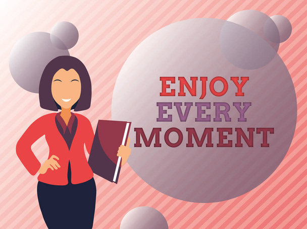 Text sign showing Enjoy Every Moment. Concept meaning stay positive thinking for personal development Abstract Discussing Important News, Explaining And Reporting Concept - Photo, Image