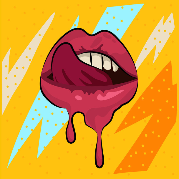 Red lips, mouth and tongue icon on pop art retro vintage colorful background. Vector - Вектор,изображение