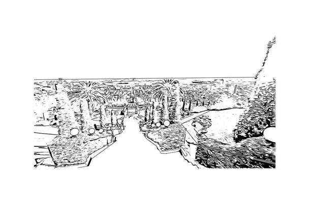 Hayfa 'nın simgesi olan Print Building View, İsrail' in başkentidir. Vektörde elle çizilmiş çizim çizimi. - Vektör, Görsel