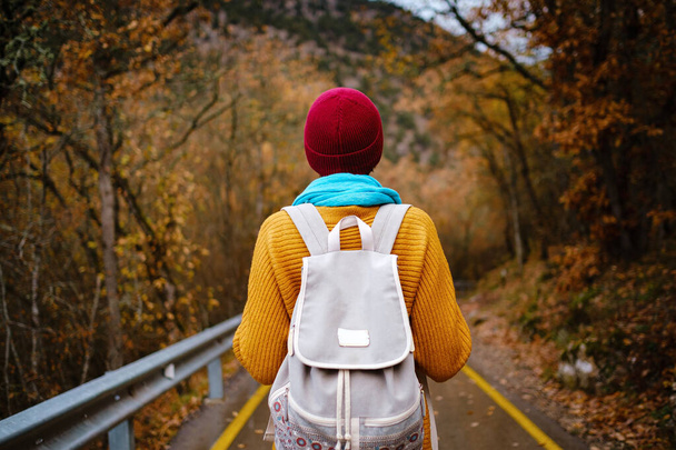 piękna hipsterka w czerwonym kapeluszu, żółtym swetrze i niebieskim szaliku spaceruje jesienną przyrodą. Fajna pogoda. Seria zdjęć Wanderlust. - Zdjęcie, obraz