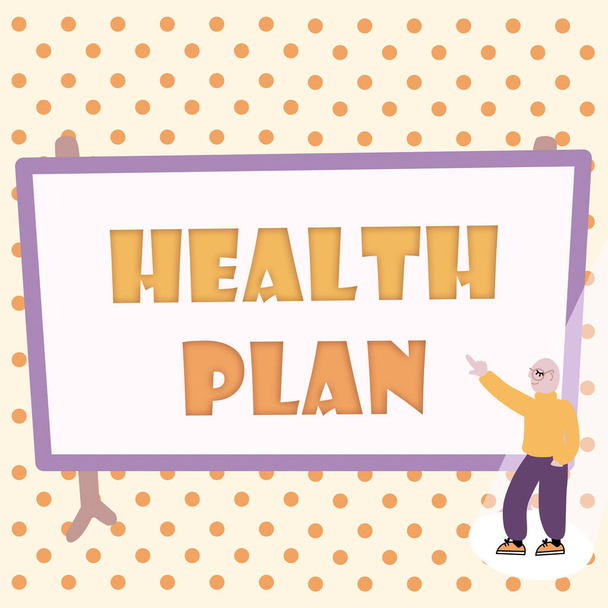 Egészségügyi terv kijelzése. Concept jelentése típusú biztosítás, amely magában foglalja a magas költségű orvosi szolgáltatások Színes Design Megjelenítése Üzenet, Kivonat Beszélgetés Fontos hírek - Fotó, kép