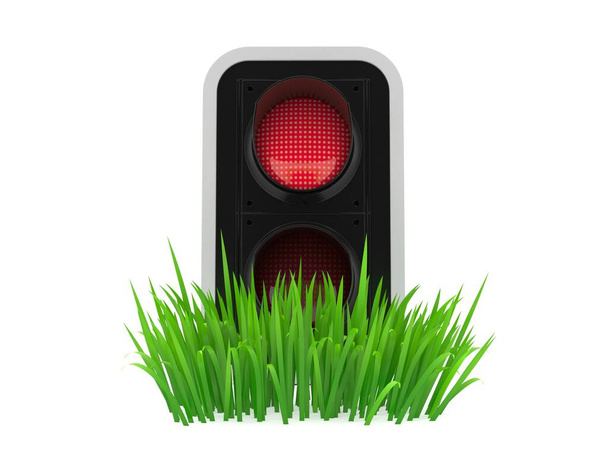 Червоне світло на траві ізольовано на білому тлі. 3d ілюстрація
 - Фото, зображення