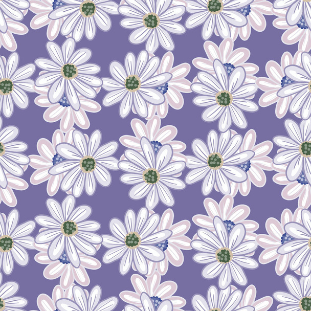 Bloom floral seamless pattern with random daisy flowers shapes. Purple pastel background. Simple style. Stock illustration. Vector design for textile, fabric, giftwrap, wallpapers. - Vector, afbeelding