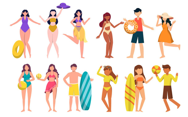 Un paquete de 12 personajes femeninos en trajes de baño y posa con activos en un fondo blanco. ilustración vectorial diseño plano - Vector, Imagen