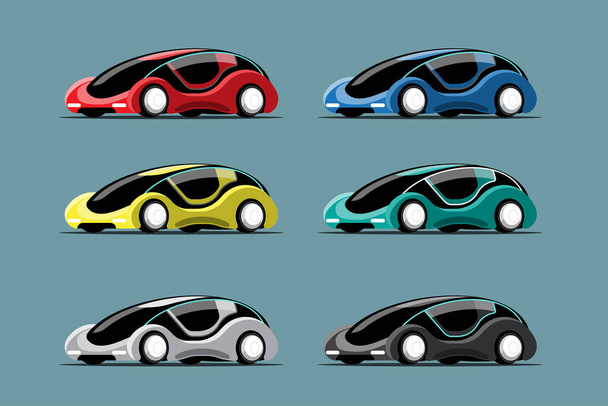 Set colorido de la nueva innovación coche hitech en dibujos animados estilos dibujo, ilustración de vectores planos sobre fondo azul - Vector, imagen
