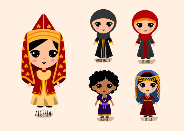 Set Of People In Traditional Western Asia Clothing cartoon characters ,  Female National Costumes Collection Concept, isolated flat vector illustration - Vektör, Görsel