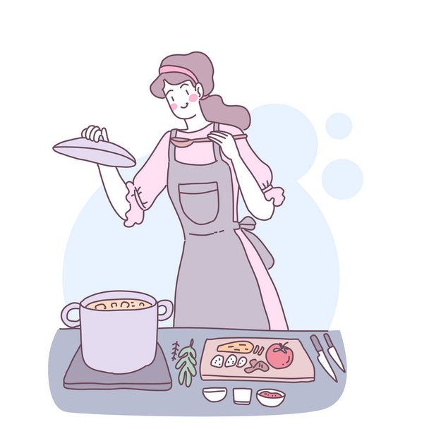 Wektor płaska ilustracja z dziewczyną, która gotuje w kuchni - Wektor, obraz