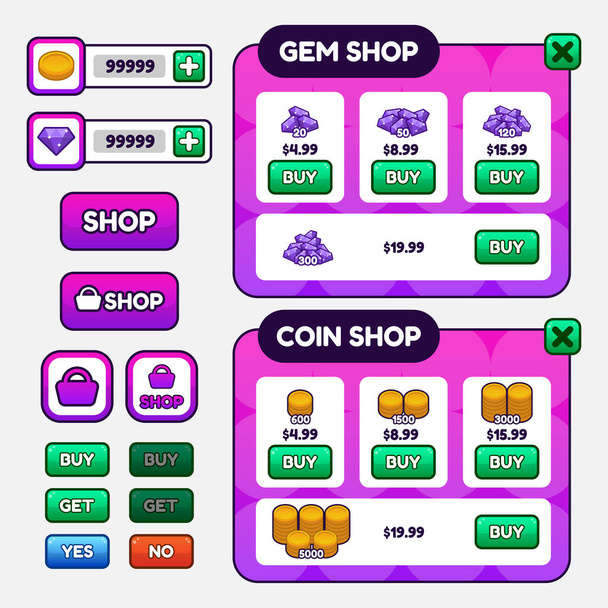 Vektorová hra šablona Gui kit. Herní grafické uživatelské rozhraní GUI pro vytváření webových a mobilních her a aplikací. Snadno se upravuje. Šablona Vector cartoon Gui - Vektor, obrázek