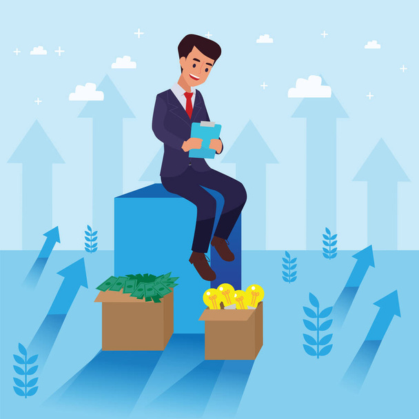 Happy young big isolated corporate man did his job as vison & mission and celebrating, leadership success and career progress concept, flat vector illustration, handsome business man. - Вектор,изображение