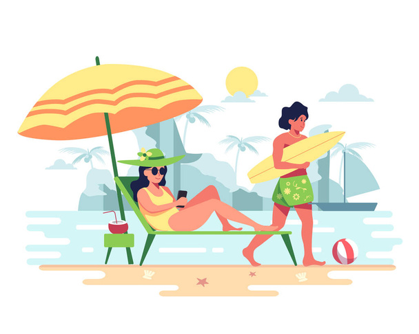 Paar op vakantie, naar zee, zonnebaden, surfplank  - Vector, afbeelding