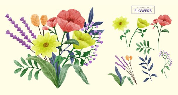 A set of flowers painted in watercolor for various cards and greeting cards. - Vector, Image