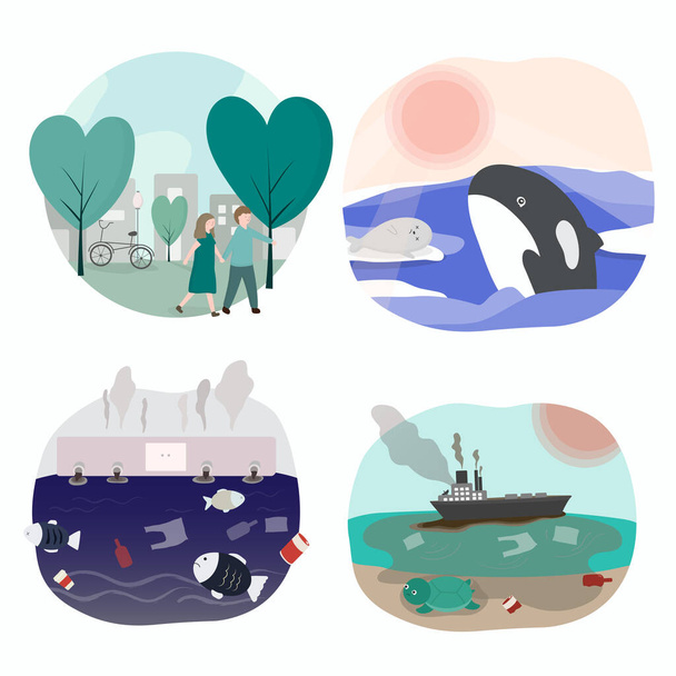 Sada znečištění je toxická z odpadků do kanálů a moře činí vodní živočichy nebezpečnými. globální oteplování a zachraňování Země. Izolovaná vektorová ilustrace - Vektor, obrázek