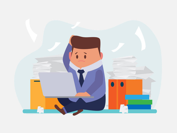 Jeune homme d'affaires travaillant dur avec ordinateur portable avec pile de papiers en personnage de dessin animé, illustrations vectorielles isolées - Vecteur, image