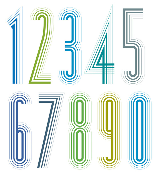 Geometric colorful tall decorative striped numbers. - Vector, Image