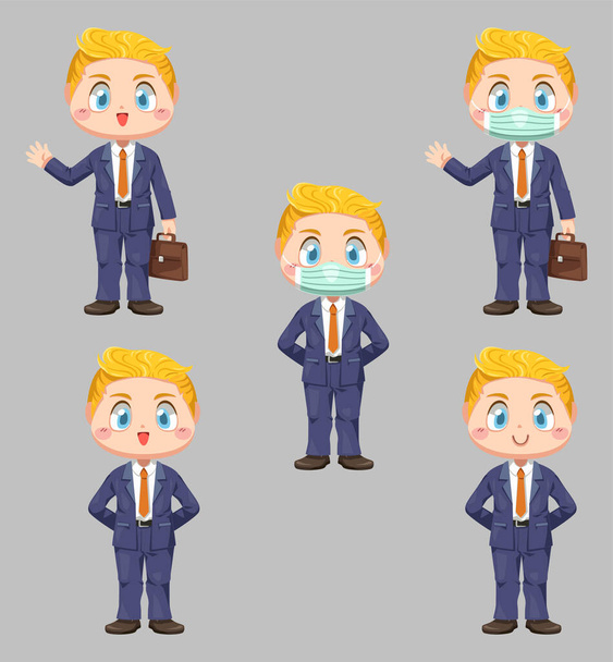 Uomo d'affari e maschera di protezione che tiene la valigetta in differenza sensazione sul viso nel personaggio dei cartoni animati illustrazione vettoriale piatta su sfondo bianco - Vettoriali, immagini