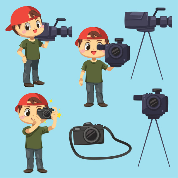 Set von Fotograf und Videograf Mann berichtet die Nachrichten in Cartoon-Charakter, Unterschied Aktion isoliert flache Vektorillustration - Vektor, Bild