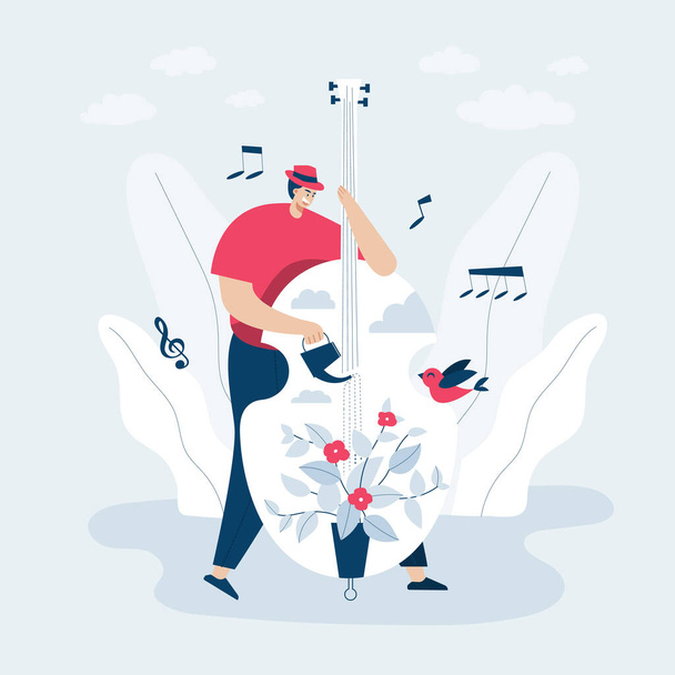 Musician doing music web template, cartoon style Screen web template for mobile phone, landing page, template, UI, web, mobile app, poster, banner, flat Vector illustration - Vector, Image