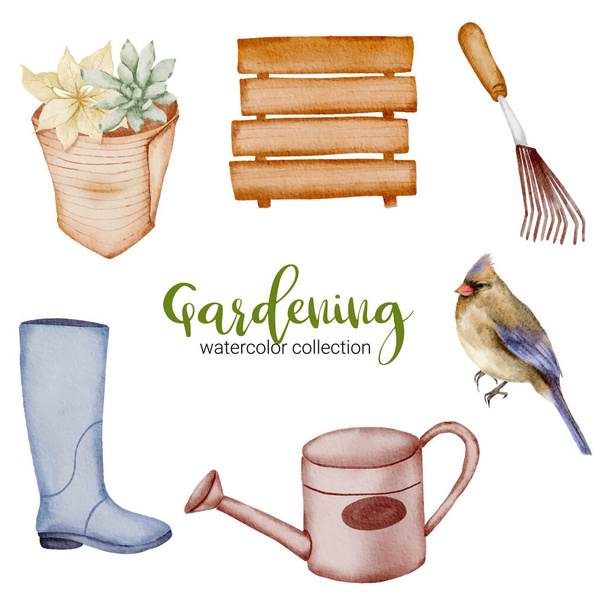 boot, wooden banner, bird and watering can set of gardening objects in watercolor style on the garden theme. isolated flat vector illustration - Vector, Image