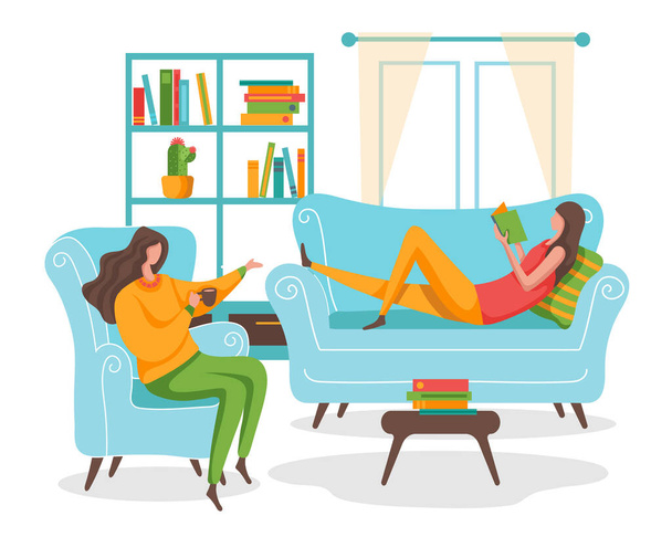 A young woman refreshed the morning with a new book in her lounge. She can read books View the artworks in this room. vector illustration flat design - Vector, Image