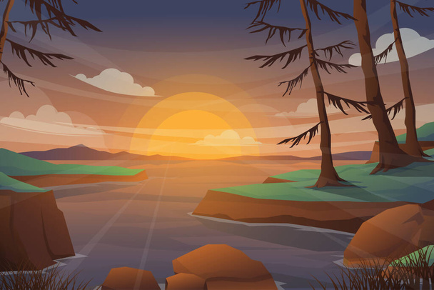 Paysage dans la nature lac et forêt avec vecteur de dessin animé coucher de soleil. - Vecteur, image