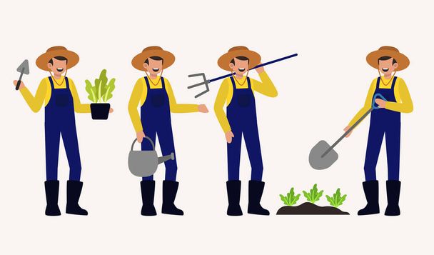 Ensemble d'agriculteur ou d'agriculteur dans un caricaturiste avec différents gestes, illustration vectorielle plate isolée - Vecteur, image