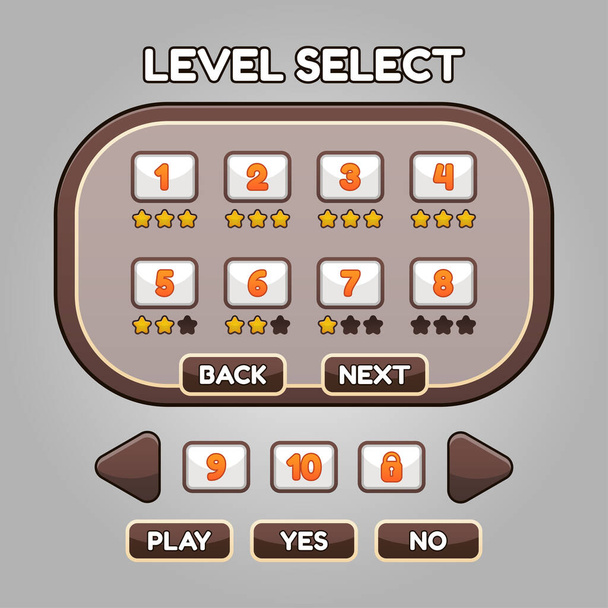 Benutzeroberfläche des Spiels mit Levelauswahlbildschirm, einschließlich Sternen, Pfeilen, Masterkeys und Stratbotton und Elementen zur Erstellung mittelalterlicher RPG-Videospiele, Vector Illustration - Vektor, Bild