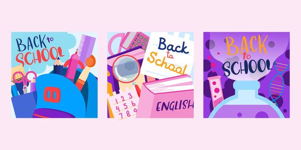 Welcome Back to school with funny school characters flat vector illustration. - Vector, Image