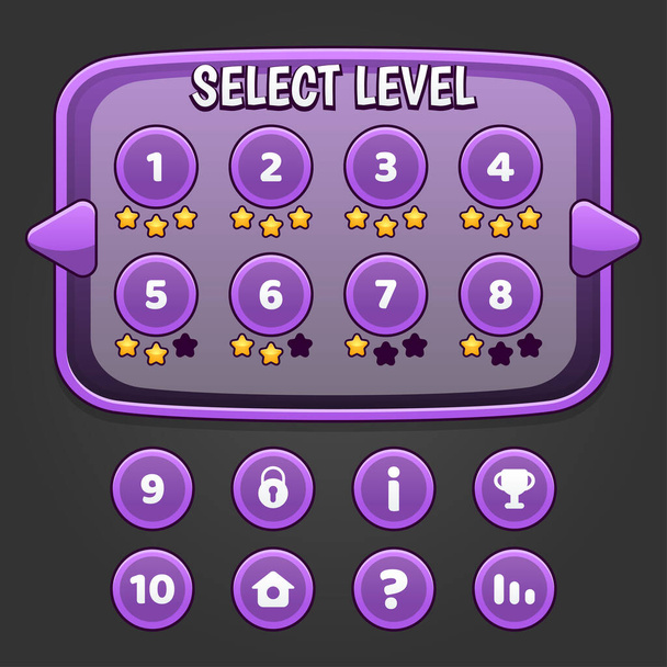 Interface utilisateur de jeu avec écran de sélection de niveau, y compris les étoiles, flèches, masterkeys et strat botton sur fond violet, illustration vectorielle - Vecteur, image