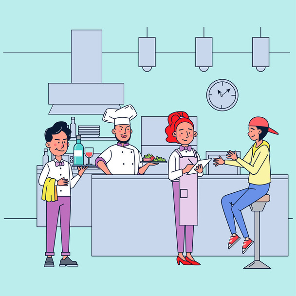 The restaurant has skilled chefs and the business grows. There are many regular customers coming for dinner. vector illustration flat design - Vector, Image