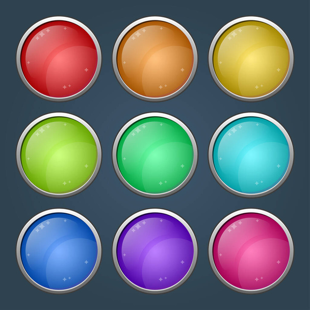 Brillantes botones brillantes círculo redondeado brillante conjunto con versiones presionadas. activos para diseño web o de juegos, botones de aplicaciones, plantilla de iconos, ilustración vectorial aislada - Vector, Imagen