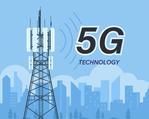 5G Globalna sieć szybkiego bezprzewodowego Internetu wifi technologia wektor ilustracji. Internetowe sieci komórkowe nowej generacji i koncepcja inteligentnego miasta. prędkość, sygnał, sieć, technologia, duże zbiory danych, dużo - Wektor, obraz