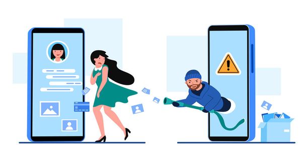 Thief man sucking up private data information of  woman through mobile phones, Abstract security protection digital data with thefts data from mobile,  data security concept, isolated flat vector illustration  - Vektor, kép