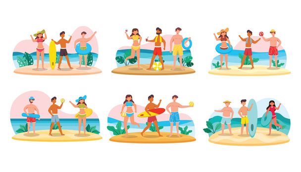 Un fascio di 18 personaggi maschili in costume da bagno e posa con beni sulla spiaggia. illustrazione vettoriale scena di design piatto. - Vettoriali, immagini